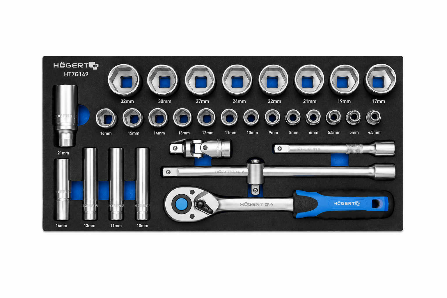 HOGERT HT7G149 1/2 Sockets set with ratchet handle, 27 pcs