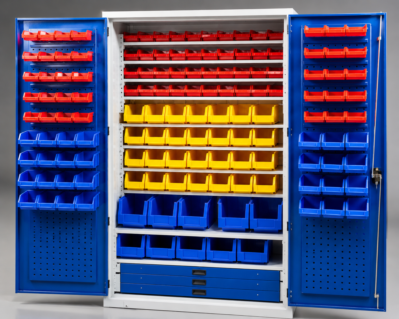 Industrial Storage Cabinet with Plastic Bins, Perforated Doors & Drawers