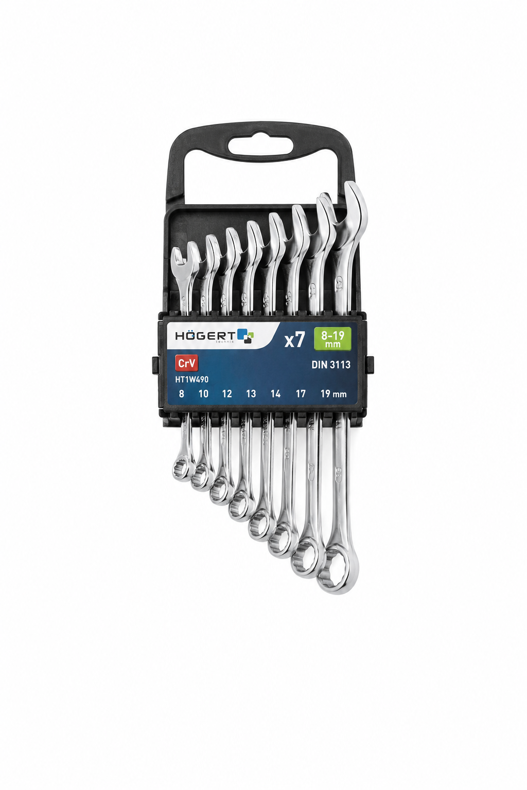 HOGERT HT1W490 Combination spanners set, 7 pcs, 8-19 mm, plastic handle for hanging, CrV, DIN 3113